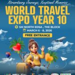 World Travel Expo Year 10 opening event at SM North Edsa showcasing travel booths, visitors exploring exhibits, and vibrant travel promotions celebrating tourism and exploration.